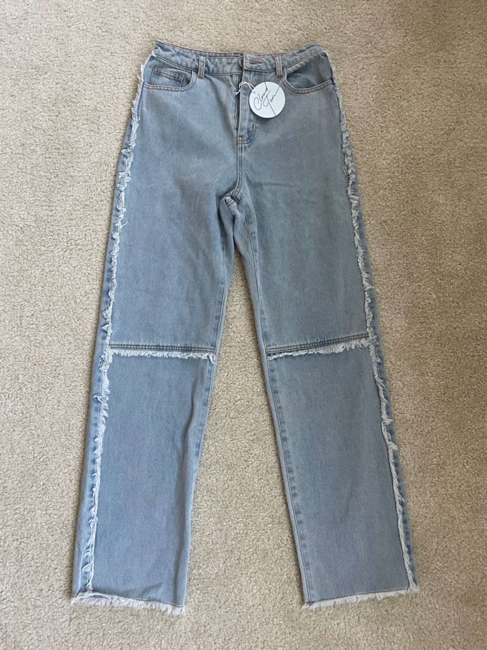 Frayed Light Blue Straight-Leg Jeans with Knee Panel Detail - Women